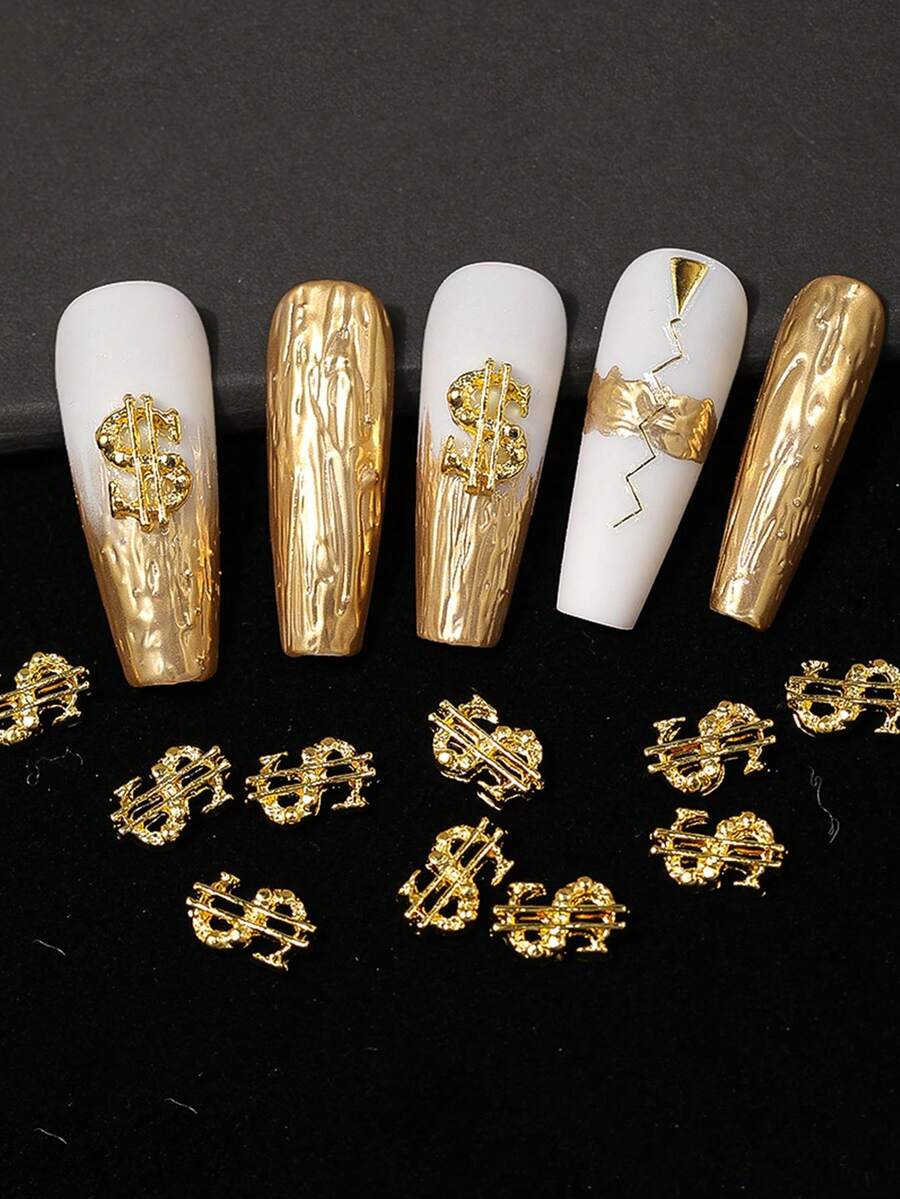 10 piezas Encantos de uñas de aleación con signo de dólar dorado 3D, encantos de arte de uñas con signo de dinero brillante, decoraciones de uñas para diseño de uñas, joyería DIY de artesanía de arte de uñas para mujeres - Dorado - Ver 1