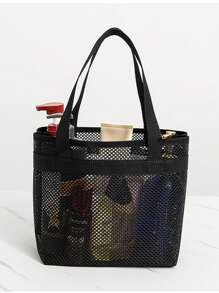 1PC Mesh Tote Bag Lightweight Mesh Shower Bag, With Handle Shopping Bag, Portable Outdoor Beach Bag, Storage Bag, Travel Bag Portable Hanging Toilet And Bathroom Organizer,With Quick Dry Technology, Portable Toiletry Tote,Great For Gym And Travel - Black - View 1