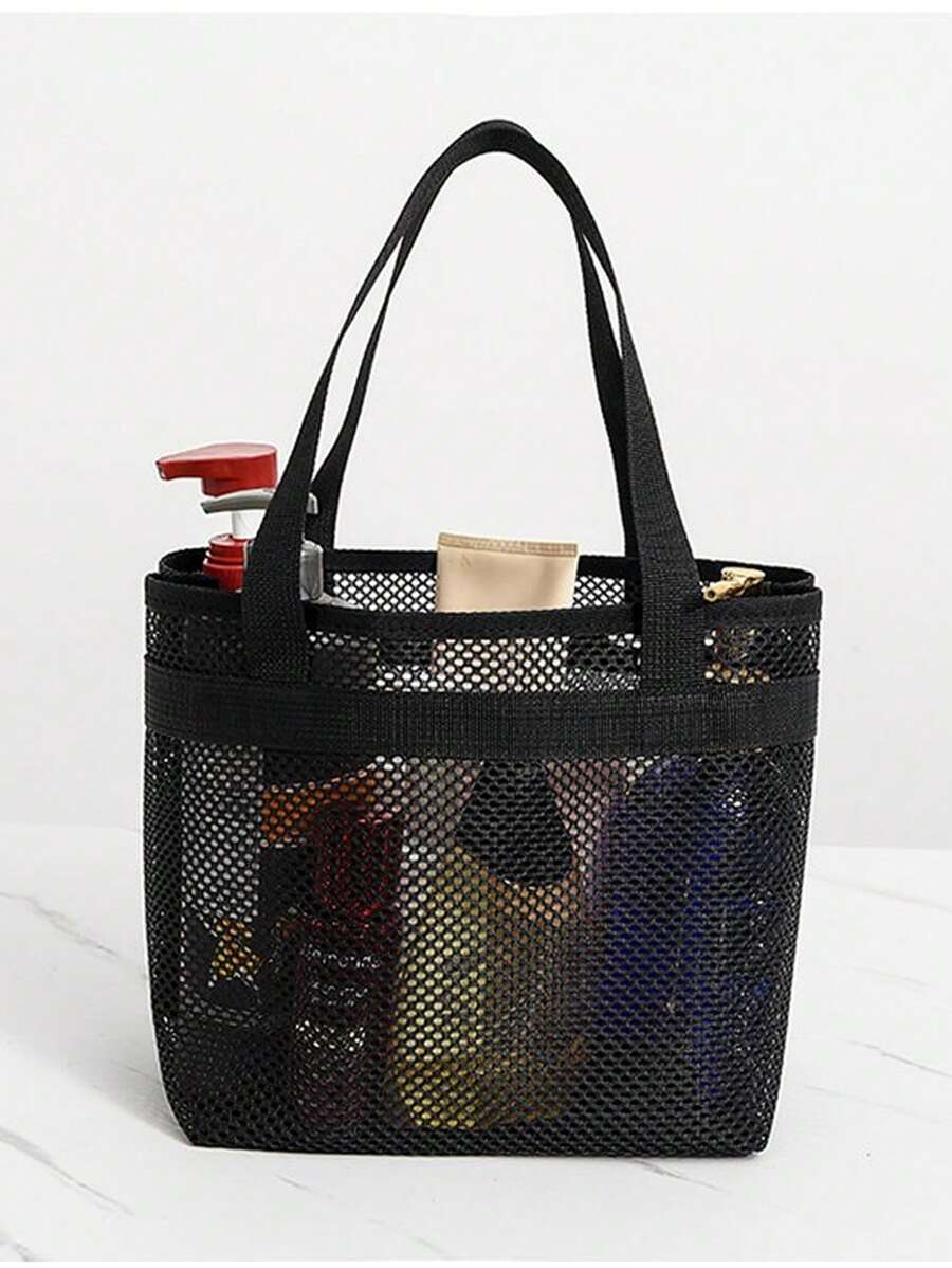 1PC Mesh Tote Bag Lightweight Mesh Shower Bag, With Handle Shopping Bag, Portable Outdoor Beach Bag, Storage Bag, Travel Bag Portable Hanging Toilet And Bathroom Organizer,With Quick Dry Technology, Portable Toiletry Tote,Great For Gym And Travel - Black - View 1