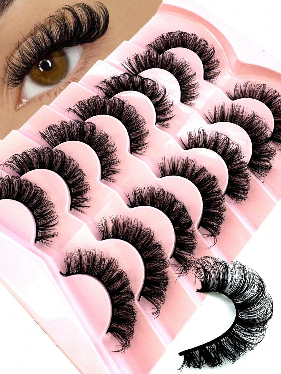 7 Pairs/Pack DD Curl Russian Lashes Voluminous Fake Eyelashes Thick Curly Fluffy Volume False Eyelashes Artificial 3D Mink Lashes Cat-Eye Look Wispy 8D Volume Fake Eyelash Strips Eye Lifting Look Extension Full Eyelash Strip For Beauty Makeup - 黑色 - 查看 1