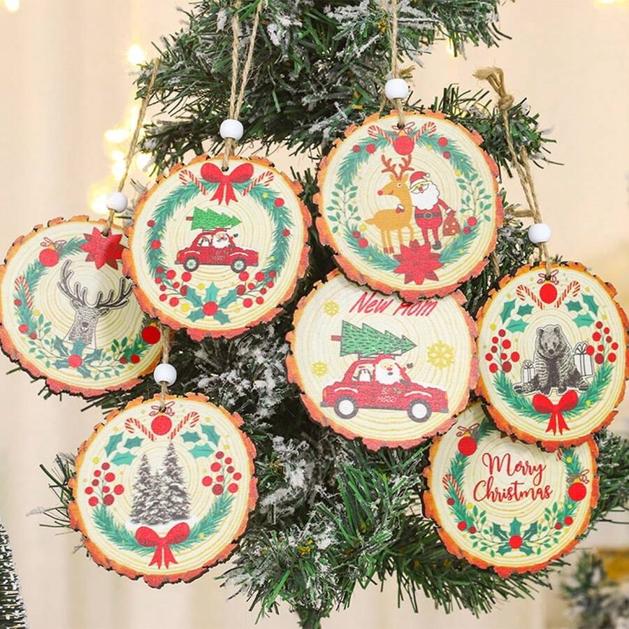 1 件圣诞木制圆片雕刻装饰，创意家居装饰木制工艺品圣诞树挂饰 - 彩色 - 查看 1