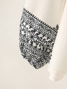 女士简约流苏印花圆领长袖上衣 - 杏色 - 查看 5