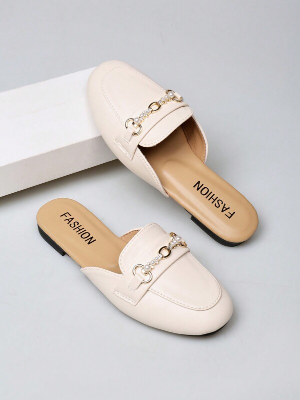 Fashion Pearl Decor Slide Sandals For Women, Spring Summer Casual Slip On Flats For Pregnant Ladies