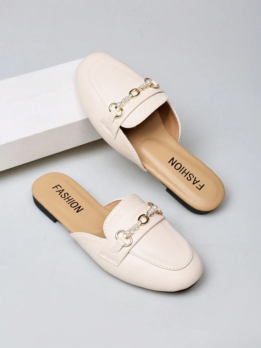 Fashion Pearl Decor Slide Sandals For Women, Spring Summer Casual Slip On Flats For Pregnant Ladies