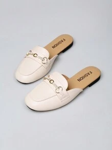 Fashion Pearl Decor Slide Sandals For Women, Spring Summer Casual Slip On Flats For Pregnant Ladies