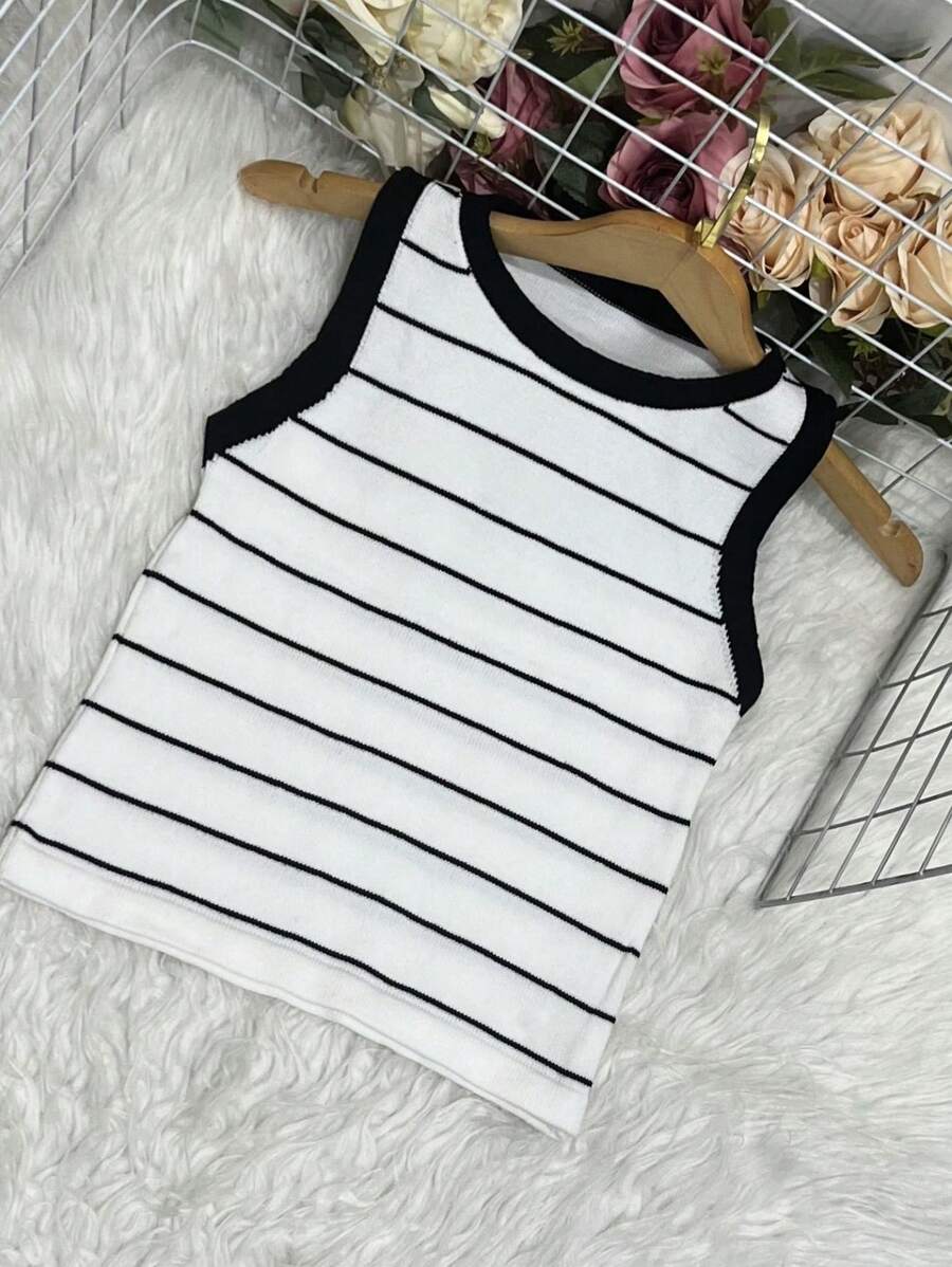 Women's Round Neck Modal Striped Vest With Hem - trắng - Xem 1