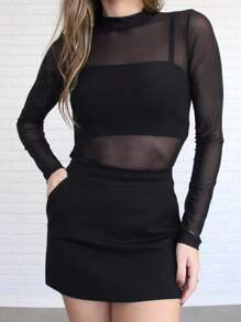 Basic Plain Tulle Body With Round Neck Long Sleeves - màu đen - Xem 2