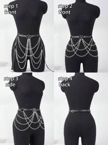 女士皮革链条腰带，街头风女士链条束腰带，锐舞派对装扮腰链 - 黑色 - 查看 4