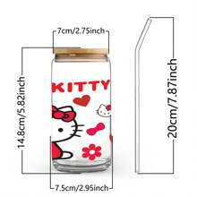 Sanrio 1 pieza Taza de vidrio de 16 onzas con tapa y pajita, con un adorable diseño de Hello Kitty, apta para té, jugo, café helado, gran regalo para niñas