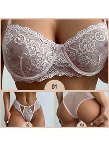 Sexy Lace Lingerie 2 Piece Set Underwire Bra and Panty Sets Sexy Push Up Lingerie Set for Women - Blanco - Ver 6