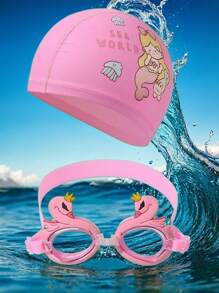 2 Stücke niedliche Cartoon Badekappen und Schwimmbrillen Kombination, hochauflösende verstellbare Silikon Kinder Schwimmbrillen, PU-Material Kinder Badekappen, geeignet für Mädchen Schwimmausrüstung, ideale Wahl für Sommergeschenke für Kinder