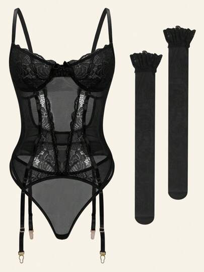 Ensemble sexy de lingerie pour femmes avec porte-jarretelles, combinaison en dentelle