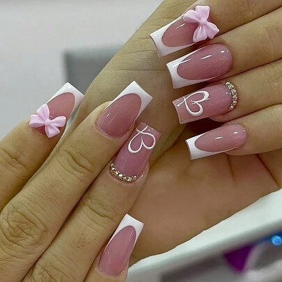 24 piezas de uñas postizas en forma de ataúd de tamaño mediano, con decoración de lazos rosas y cristales con forma de corazón, estilo francés romántico, adecuado para mujeres y niñas, arte de uñas con lazo de San Valentín, accesorios y suministros para uñas