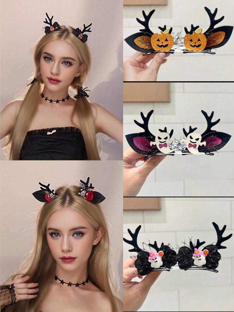 2pcs New Halloween Hair Clip, Pumpkin Ghost Skull Hair Accessory, Ghost Festival Party Dress, Headwear Hair Clip Suitable For Parties, Dances, Halloween Use Witch