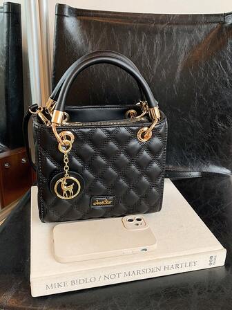 女士大容量手提包，奢华女包，黑色刺绣菱形图案斜挎包，时尚女士包包优雅