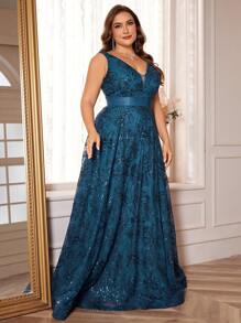 BluePlum Plus Size Women's High-Quality Sequin Embroidery Patchwork Ribbon V-Neck A-Line Elegant Formal Evening Party Gown Dress (Heavily Decor) Wedding Guest Dress - Teal Blue - View 6