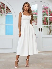 PARTHEA Women Plain White Square Neck Tie Back Shirred Ruched Sundress - White - View 1