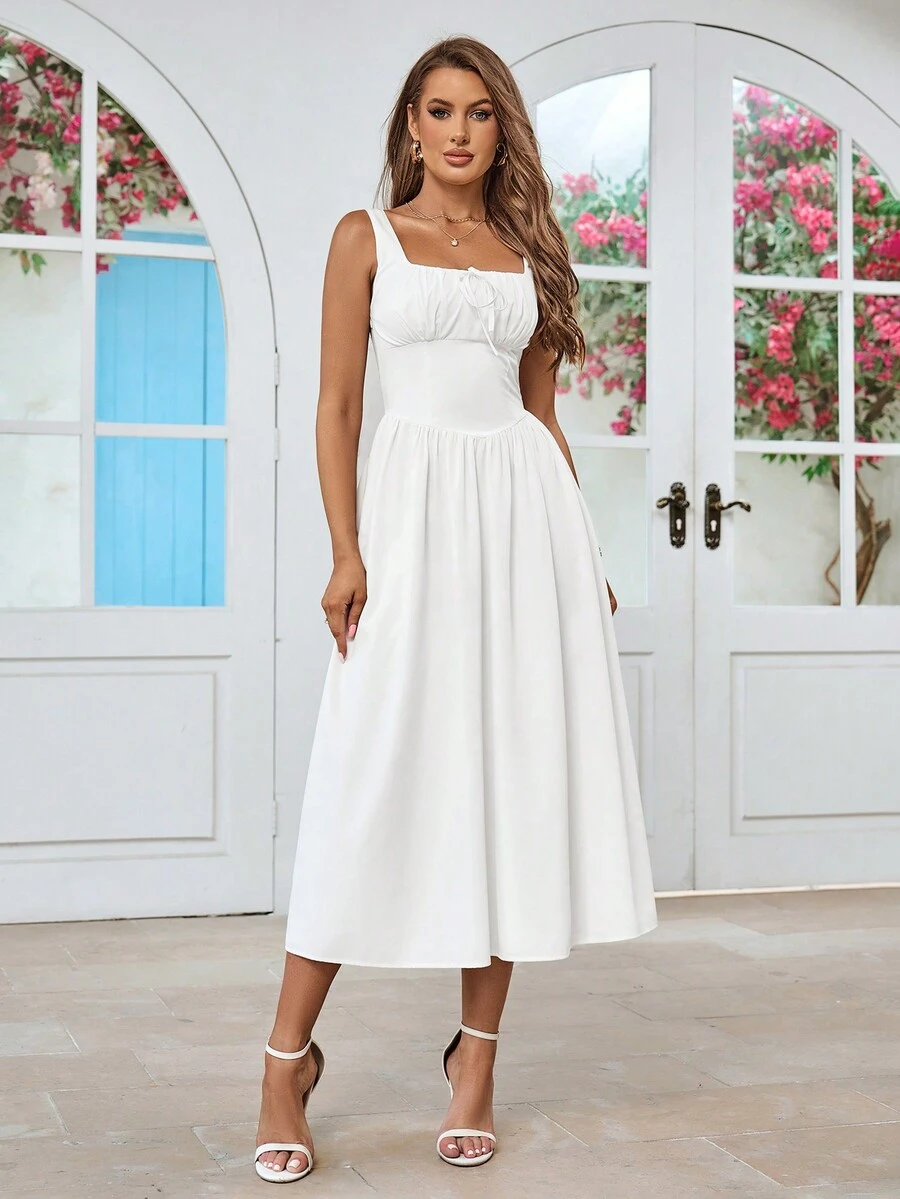PARTHEA Women Plain White Square Neck Tie Back Shirred Ruched Sundress - White - View 1