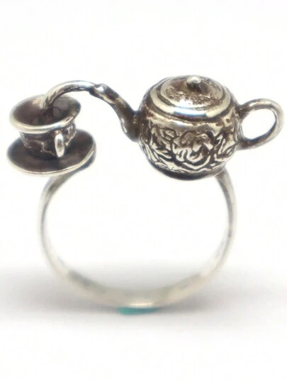 1PC Vintage Elegant Floral Pattern Pouring Teapot Geometric Ring For Men Fashion Jewelry Accessories