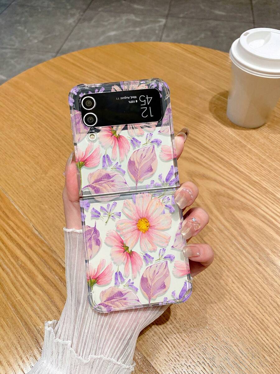 Samsung Foldable Smartphone Floral Print Shockproof Protective Case - Purple Pink - Multicolor - View 1