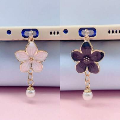 1pc Unisex Alloy Translucent Cherry Blossom Pearl Anti-Dust Plug For Smartphone Type-C Charging Port, Cute Couple Gift, Phone Accessory
