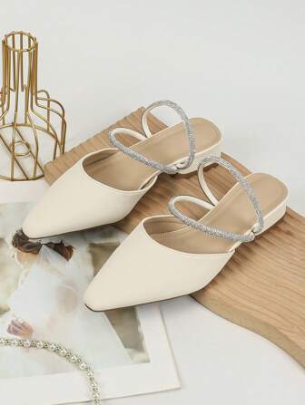 Women Fashion Outer Wear Closed Toe Rhinestone Thick Heel Sandals Autumn And Summer New Closed Toe Half-Slippers Fairy All-Match Party Style