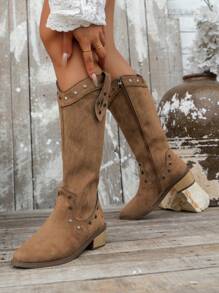 Women's Metal Rivet Tall Western Cowgirl Boots, Tan Color Mid-Heel Over The Knee Riding Boots For Fall & Winter - Camel - View 1