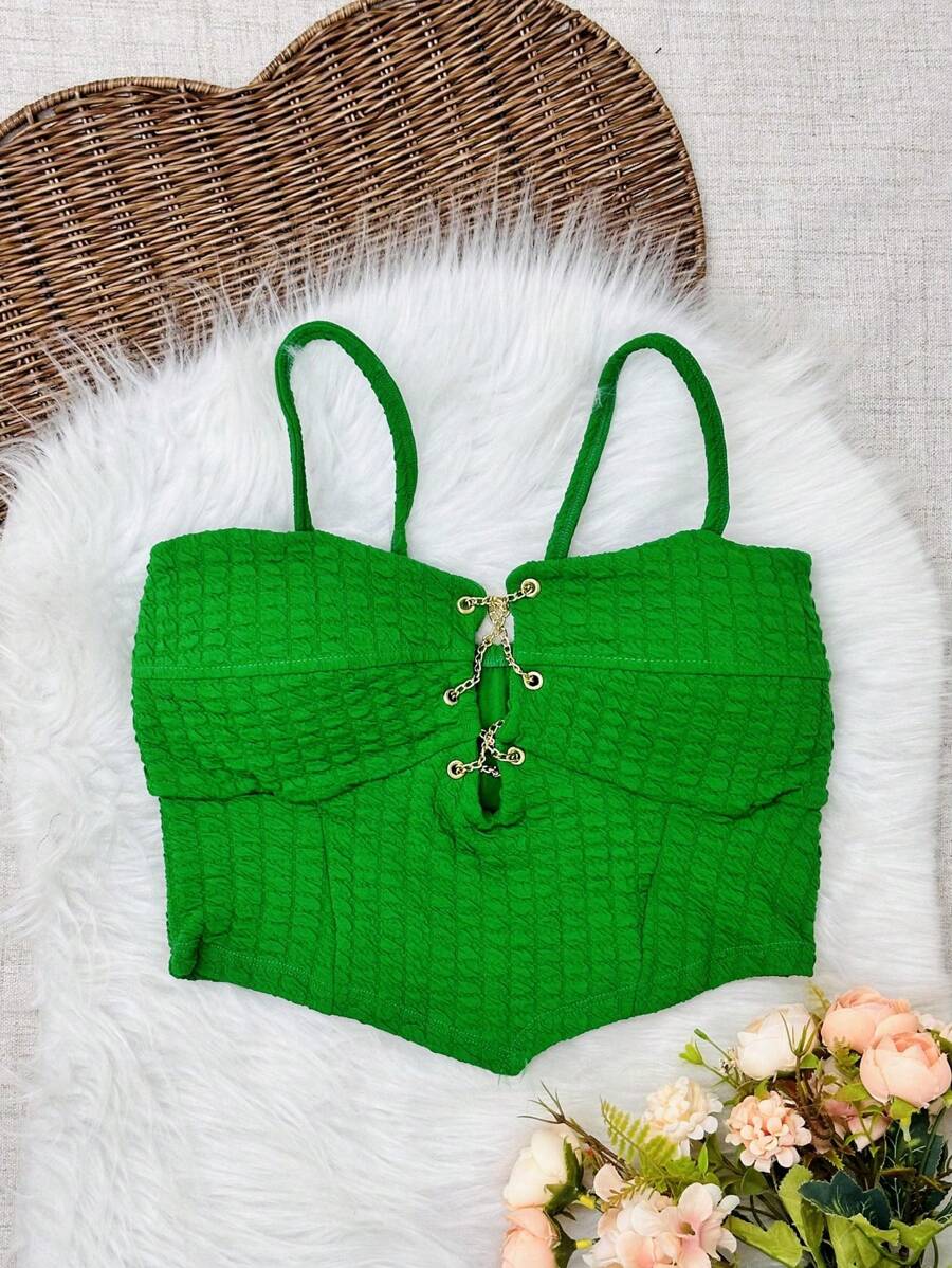 Women's Low-Cut Cropped Top With Padding And Thick Strap Opening At The Bust Bubble Material Fashion Gringa With Padding With Chain - màu xanh lá - Xem 1