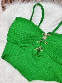 Women's Low-Cut Cropped Top With Padding And Thick Strap Opening At The Bust Bubble Material Fashion Gringa With Padding With Chain - màu xanh lá - Xem 2