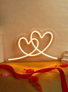 CHI-BUY 1 pieza Nuevo letrero de neón LED de iluminación decorativa, incluye sombrero rosa, gato rosa "Shhhh", mariposa rosa, cabeza de gato, pata rosa en espejo, flor azul en espejo, taza de bebida, señal de neón LED blanca cálida con corazón doble, para decoración de pared de boda interior, alimentado por USB de 5V, adecuado para dormitorio, sala de estar