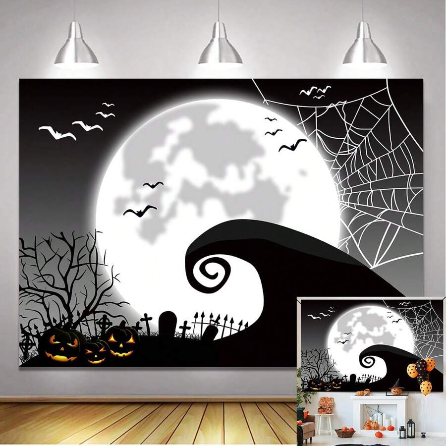 1Pc 7x5FT 5x3FT Halloween Bí ngô Trăng tròn Phông nền Trang trí tiệc Nightmare Before Christmas Phông nền chụp ảnh Vật dụng trang trí tiệc sinh nhật Đạo cụ chụp ảnh trong gian hàng, Giáng sinh - màu đen - Xem 1