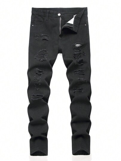 Vaqueros slim rectos de estilo europeo y americano con efecto desgastado para hombres, color negro