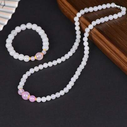 2 chiếc Vòng tay + Vòng cổ Nephrite trắng tự nhiên, Vòng cổ dệt tay, Vòng tay đính cườm đá quý tự nhiên, Trang sức nữ, Vòng tay đàn hồi, Quà tặng trang sức, Quà tặng gia đình, Quà tặng ngày lễ, Quà tặng pha lê thạch anh.
