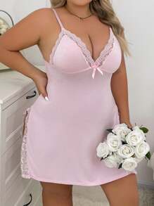 1件加大码女士蕾丝边蝴蝶结装饰侧开衩吊带睡裙，Moo Moo睡衣 - 粉色 - 查看 5