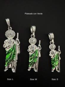 Collar de San Juditas 1 Cadena tipo de c@rtier con colgante de Santa Judas en Acero Inoxidable y terminado en Rodio laminado - PLATEADO CON VERDE - Ver 3