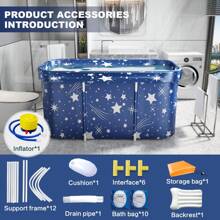 Foldable Adult Bathtub, Self-Supporting, With Backrest And Pillow, Improved Support Bar, 120 X 50 X 55 Cm, Large, Non-Slip, Portable, 10 Bath Bags - Blue - View 6