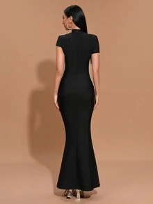 Modphy Elegant Black Short Sleeve Dress With Apricot Mesh Layers And Heavy Pearl Decoration, Fashionable Long Style For Summer Formal Events And Parties - Black - View 6