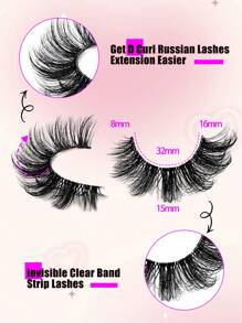 10对透明柄俄罗斯假睫毛，D卷翘度，精致自然，16毫米卷翘仿貂毛睫毛，宛如貂毛嫁接，蓬松透明柄，打造猫眼妆效，加长睫毛末端，条状假睫毛 - 黑色 - 查看 7