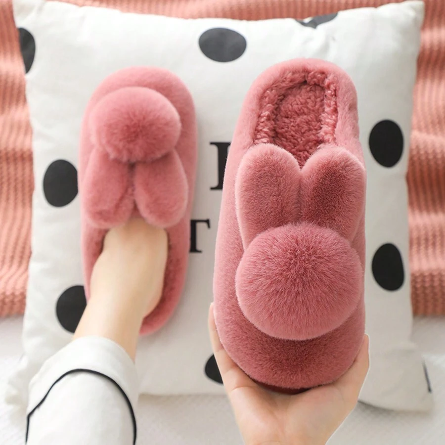 New Women Fluffy Slippers Winter Boots Indoor/Outdoor Furry Shoes Closed Toe Plush Slip-On Cartoon Cute Rabbit Thick Bottom Warm Home Slippers, Red, Brown