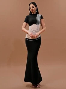 Modphy Elegant Black Short Sleeve Dress With Apricot Mesh Layers And Heavy Pearl Decoration, Fashionable Long Style For Summer Formal Events And Parties - Black - View 3