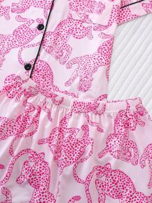 Marira Pink Leopard Print Women's Pajama Set, Comfortable Short Sleeve Button-Up Shirt And Loose Elastic Shorts, Casual All-Season Outdoor And Indoor Women's Sleepwear And Home Clothes - Hot Pink - View 7