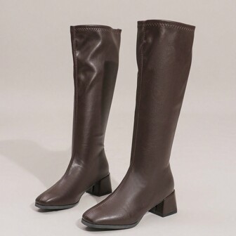 2024 Women's Mid-Calf Zipper Back Square Toe Warm Boots