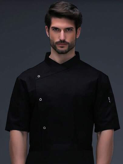 1pc Unisex Chef Jacket Shirt, Black, Short Sleeve, Summer Breathable Mesh Back, For Kitchen, Bakery, Restaurant, Hotel Work