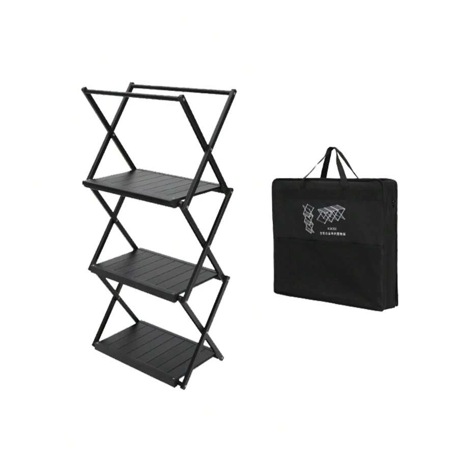 2 In 1 Foldable Shelf Storage Rack, 3 Tier Heavy Duty Foldable Metal Shelf Storage Rack Aluminum Alloy Organizer Shelves With Carry Bag For Kitchen Camping Picnic - Black - View 1