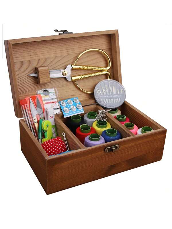 10-częściowy zestaw do szycia, drewniane pudełko do szycia z nicią, igły, nożyczki, linijka, szpilki dla babci, mamy, przyjaciół, początkujących dorosłych, podróżników, rękodzieło krawieckie