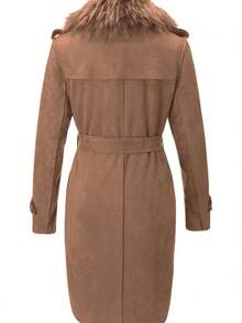 Risissida Women's Elegant Mid-Length Suede Coat With Faux Fur Collar And Waist Belt For Fall And Winter Commutes