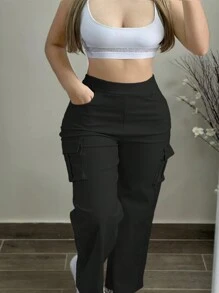 Plus Size Women Solid Color Casual Pocket Cargo Pants Black Spring - Black - View 4