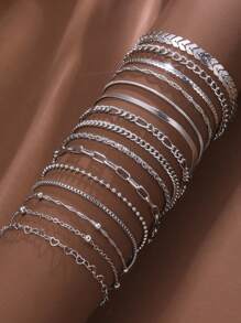 15 件优雅复古风格心形、球形、飞机、链条、蛇形链、极简主义金属链手链套装，适合节日、派对、礼物或日常佩戴 - 銀色 - 查看 3