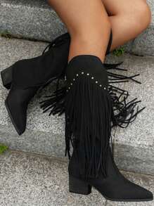 Women's Mid-Calf Boots Vintage Punk Rivet V-Cut Western Cowboy Boots With Fringe, Match With Sweater, New Arrival Autumn Winter High Heels Suitable For Women Fashion Boots With Cardigan, Wear With Cardigan