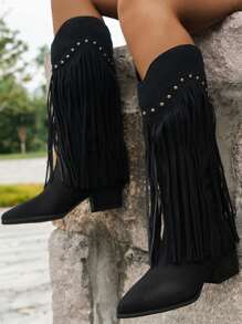 Women's Mid-Calf Boots Vintage Punk Rivet V-Cut Western Cowboy Boots With Fringe, Match With Sweater, New Arrival Autumn Winter High Heels Suitable For Women Fashion Boots With Cardigan, Wear With Cardigan